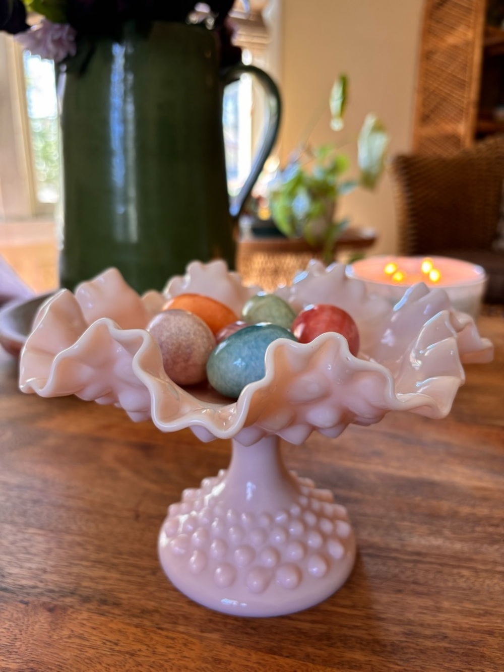 Pink Hobnail Glass Compote - Ruffled Pedestal Bowl